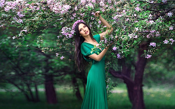 Model in Green Dress with Flowers, model, flowers, dress, brunette HD wallpaper