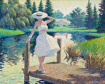 Sunday on the lake, blue, white, art, girl, lake, woman, summer, lady, painting, pictura, green, arthur saron sarnoff, hat HD wallpaper