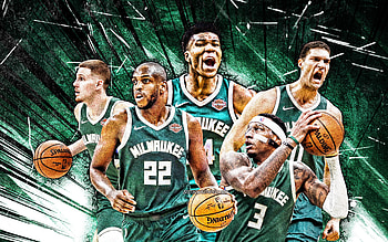 Khris Middleton, Giannis Antetokounmpo, Torrey Craig, Brook Lopez, Donte DiVincenzo, grunge art, Milwaukee Bucks, basketball, NBA, Milwaukee Bucks team, green abstarct rays, basketball stars HD wallpaper
