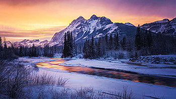 Mt. Kidd In Winter, Kananaskis, Alberta, river, snow, landscape, sky, canada, sunset, mountain, ice, colors HD wallpaper