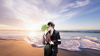 C.C. x Lelouch, ocean, C.C. (Code Geass), Lelouch Lamperouge, Anime, Code Geass HD wallpaper
