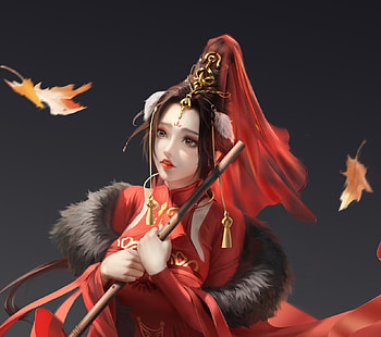 Autumn, fantasy, red, view from the top, girl, leaf, toamna HD wallpaper