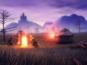 Moon fire, trees, grass, people, fire HD wallpaper