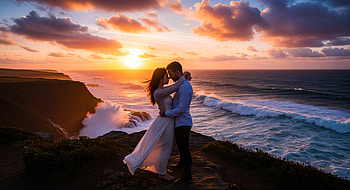 : Sunset Embrace — Romantic Cliffside, Romantic Scenery, Couple, Ocean HD wallpaper