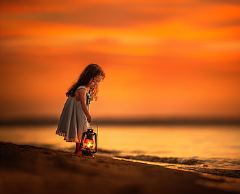 Girl with lantern, Beach, Girl, Sunset, Child HD wallpaper