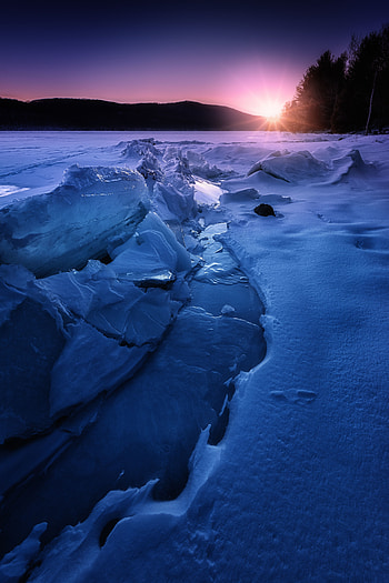 Water current, snow layer, glacier, sunset, landscape HD phone wallpaper