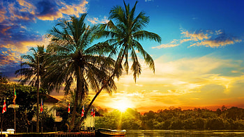 Tropical Sunset, sky, sun, palm trees, boat, pier, colors HD wallpaper