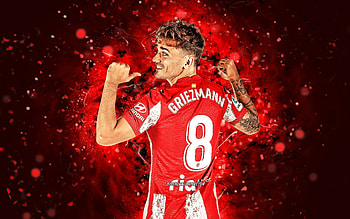 Antoine Griezmann, , 2021, back view, Atletico Madrid FC, french footballers, LaLiga, football, red neon lights, soccer, Antoine Griezmann Atletico Madrid, La Liga, Antoine Griezmann HD wallpaper