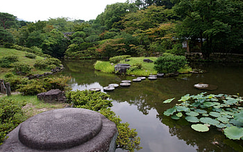 Nature, Rock, Circles, Greens, Stone, Garden, Overcast, Mainly Cloudy, Pond, Stumps, Track HD wallpaper