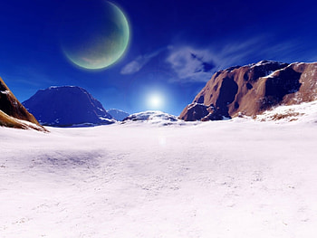 Winter, Fantasy, Sky, Planets, Mountains, Sun HD wallpaper