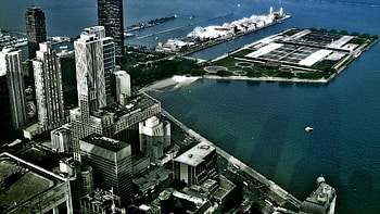 chicago at lakeside, pier, skyscraper, city, lake HD wallpaper