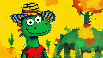 Playful Dino in Vibrant Colors, dinosaur, cartoon, hat, yellow HD wallpaper