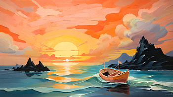 Boat Drawing, boat, sunset, sea, ocean, drawing HD wallpaper