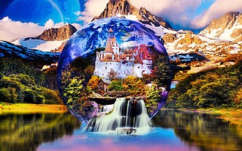 GORGEOUS, CASTLE, SKY, NATURE, MOUNTAINS, WATERFALL HD wallpaper