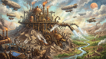 Steampunk, Factory, Airship, Zeppelin HD wallpaper