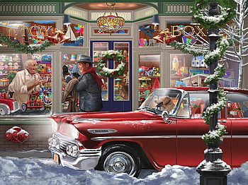 Last Minute Christmas Shopping at The Toy Box, winter, dog, toys, snow, christmas, toy box, car, red HD wallpaper