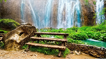 Waterfall, fishes, nature, mountains, water, rocks, forest HD wallpaper