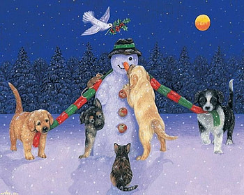 Naughty dogs * By Avril Haynes, dog, winter, dove, art, snowman, painting, moon, snow, avril haynes HD wallpaper
