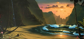Magical Island, sea, art, sky, mountains, beach HD wallpaper