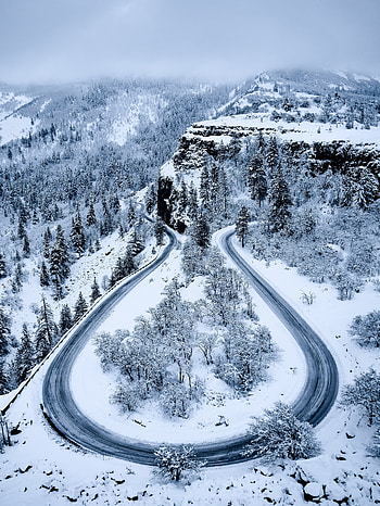 Winter, Nature, Mountains, Snow, View From Above, Road HD phone wallpaper