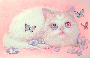 Kitten and butterflies, pastel, kitten, blue, frumusete, white, art, gorgeous, cute, cat, ahwa, superb, pink, pisici, fantasy, butterfly, luminos HD wallpaper