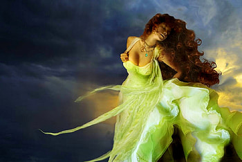 CLOUD PRINCESS, sexy, green, sky, beautiful, dress, hair, woman HD wallpaper