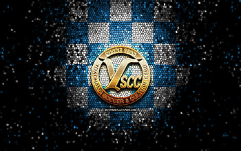 YSCC Yokohama FC, glitter logo, J3 League, blue white checkered background, soccer, japanese football club, YSCC Yokohama logo, mosaic art, football, YSCC Yokohama HD wallpaper
