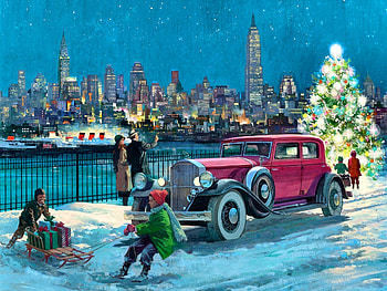 1931 Pierce Arrow F1mp, winter, cars, automobile, 1931, New York, painting, snow, Pierce Arrow, art, USA, beautiful, illustration, artwork, wide screen, New York City, Christmas, auto HD wallpaper