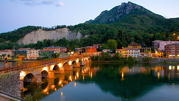 Lecco, Lake Como, Italy, hills, lights, bridge, water, reflections, evening, village HD wallpaper