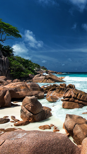 Paradise beach, Seychelles islands, Waves, Granite rocks HD phone wallpaper