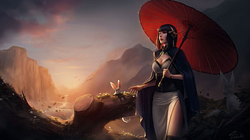 Morning, parasol, girl, frumusete, art, gorgeous, superb, dawn, fantasy, red, keith chen, luminos HD wallpaper