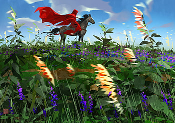 Summer breeze, horse, art, davood moghadami, cal, summer, wind, mage, fantasy, field, flower, yellow, red, hood, vara HD wallpaper