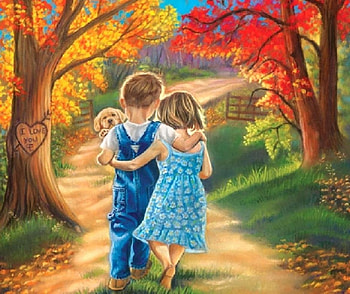 walk...., puppies, forest, wood, child HD wallpaper