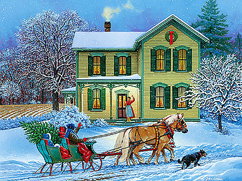 Grandma's House, dog, sleigh, horse, painting, snow, trees, christmas tree HD wallpaper