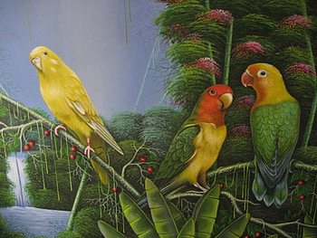 Parrots in Foliage, parrots, painting, tropical, waterfall, berries HD wallpaper