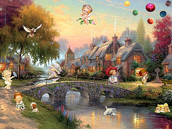 Christmas scene, river, tree, collage, holiday, fantasy, christmas, bridge, child, santa HD wallpaper