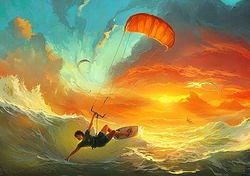 King of waves, blue, sea, art, man, up, orange, summer, fantasy, sky, luminos, water, artem chebokha, vara, sunset, cloud HD wallpaper