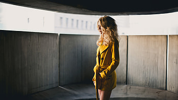 Long Hair Brunette Yellow Coat, girls, model HD wallpaper