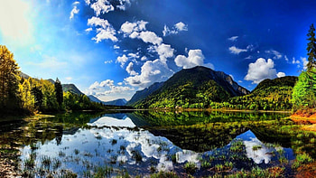 Summer Lake, hills, reflection, clouds, landscape, sky, water HD wallpaper