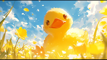Cute Duckling in Sunny Flower Field, cute, duck, duckling, flower, bright HD wallpaper