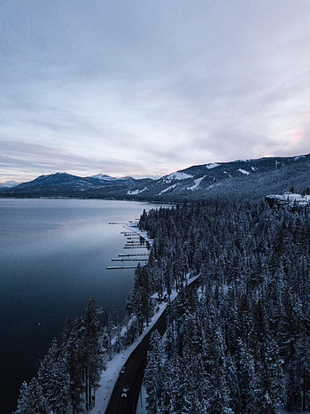 Winter, Nature, Mountains, Snow, View From Above, Lake, Road HD phone wallpaper