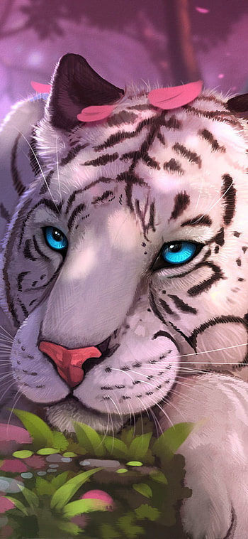 White Tiger, petal, blue eyes, white tiger, fantasy, tiger HD phone wallpaper