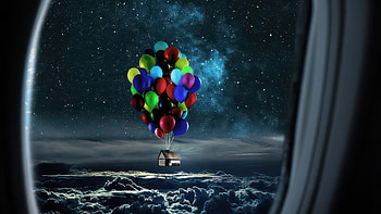 Dreams Take Flight, air-balloon, house, artist, artwork, digital-art HD wallpaper