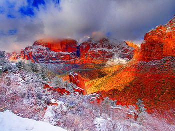 Red mountains, snowy, slope, red, clouds, nature, wilderness, sky, mountainscape, mountains, sunset HD wallpaper