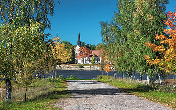 Church in Latvia, autumn, Latvia, church, path, river HD wallpaper