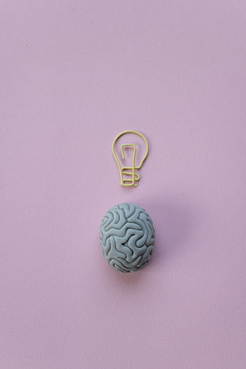 Brain-shaped eraser with a light bulb paperclip on a pastel pink background. Ideal for education and creativity themes. HD phone wallpaper