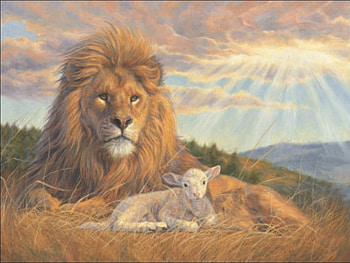 Lion and lamb, clouds, through, sun, beams HD wallpaper