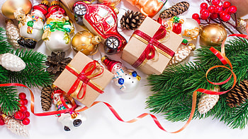Merry Christmas and a Happy New Year, bulbs, decoration, gifts, pinecones, snowmen HD wallpaper
