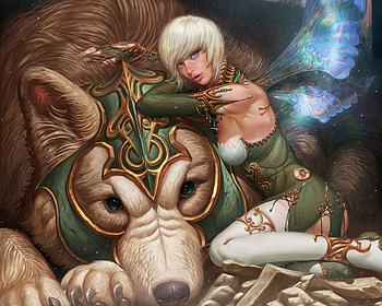 Guardians, wings, fairy, art, kyu yong eom, fantasy, green, girl, wolf HD wallpaper