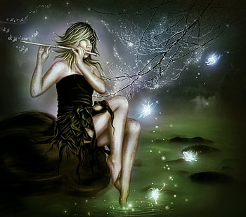 The Fairy Song, artwork, girl, flute, fairies HD wallpaper